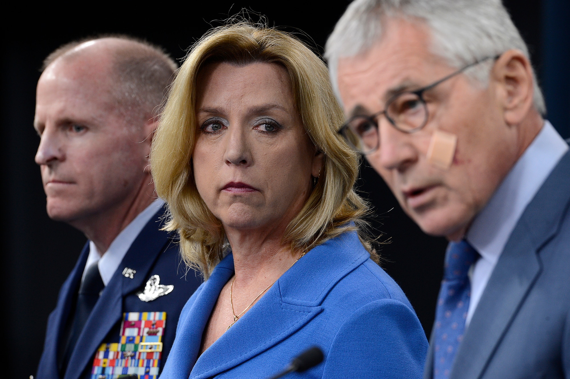 Commander of Air Force Global Strike Command Lt. Gen. Stephen Wilson and Secretary of the Air Force Deborah Lee James join Secretary of Defense Chuck Hagel in the release of the results of the Defense Department's Nuclear Enterprise Review during a press briefing Nov. 14, 2014, at the Pentagon.  The findings and recommendations from that review are consistent with actions the Air Force and AFGSC have been taking to improve its nuclear enterprise. (U.S. Air Force photo/Scott M. Ash)