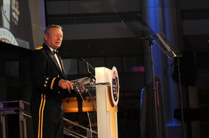 Army Gen. Frank Grass, chief, National Guard Bureau, speaks about the National Guard after it received the 2014 American Patriot Award from the Defense University Foundation, Washington, D.C., Nov. 13, 2014. 