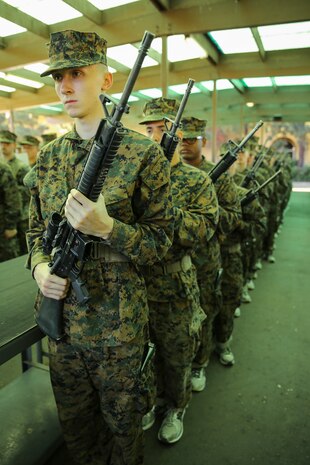 Recruits of Fox Company, 2nd Recruit Training Battalion, stand at port arms with their newly issued M16-A4 Service Rifle during the Rifle Issue event aboard Marine Corps Recruit Depot San Diego, Nov. 3.  During recruit training, recruits will have their drill capabilities tested during Initial and Final Drill as well as their marksmanship skills at Edson Range aboard Marine Corps Base Camp Pendleton, Calif.
