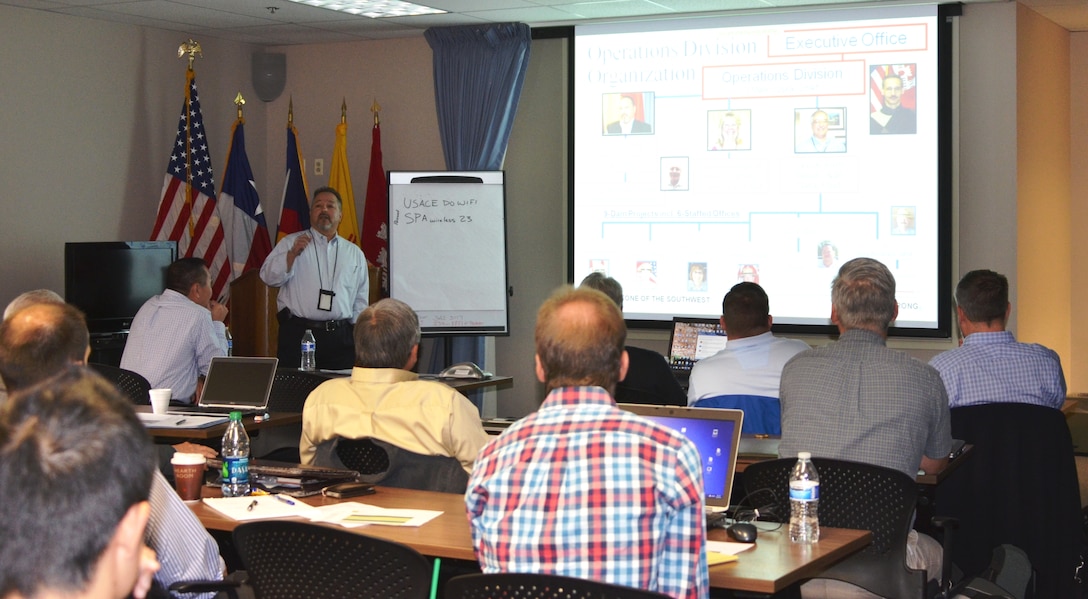ALBUQUERQUE, N.M., -- Dennis Garcia, chief, Reservoir Control Branch, presents to the 2014 SPD Hydrology & Hydraulics and Reservoir Control Community of Practice meeting, Oct. 28, 2014.