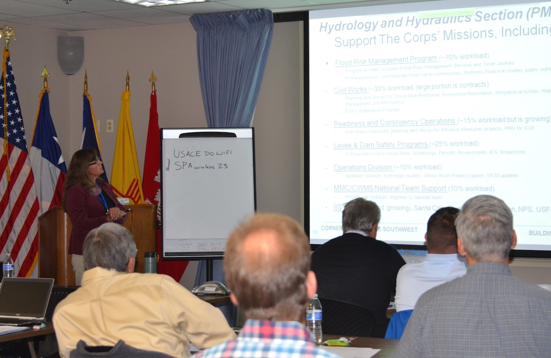 ALBUQUERQUE, N.M., -- Tamara Massong, chief, H&H Section, presents at the 2014 SPD Hydrology & Hydraulics and Reservoir Control Community of Practice, Oct. 28, 2014.