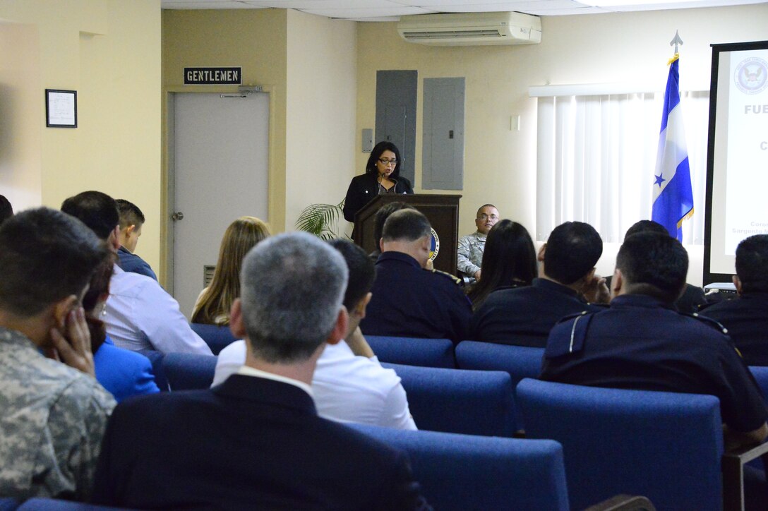 Ana Duarte, governor of Comayagua Honduras, provides the open remarks for Joint Task Force-Bravo’s Honduran Leaders’ Day at Soto Cano Air Base, Honduras, Nov. 14, 2014.  Over 40 leaders from around the Republic of Honduras came to learn more about the mission and capabilities of JTF-Bravo and Soto Cano Air Base. (U.S. Air Force photo/Tech. Sgt. Heather Redman)