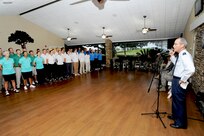 Brig. Gen Bob Labrutta, 502nd Air Base Wing and Joint Base San Antonio commander, makes opening remarks at the 2014 Armed Forces Golf Championship opening day ceremony Nov. 3. At the end of this competition, the best six men and two women were chosen to continue on to represent the U.S. at the eighth International Military Sports Council World Military Golf Championship, which began Thursday and continues until Nov. 21 in the Kingdom of Bahrain.(U.S. Air Force photo by Melissa Peterson)

