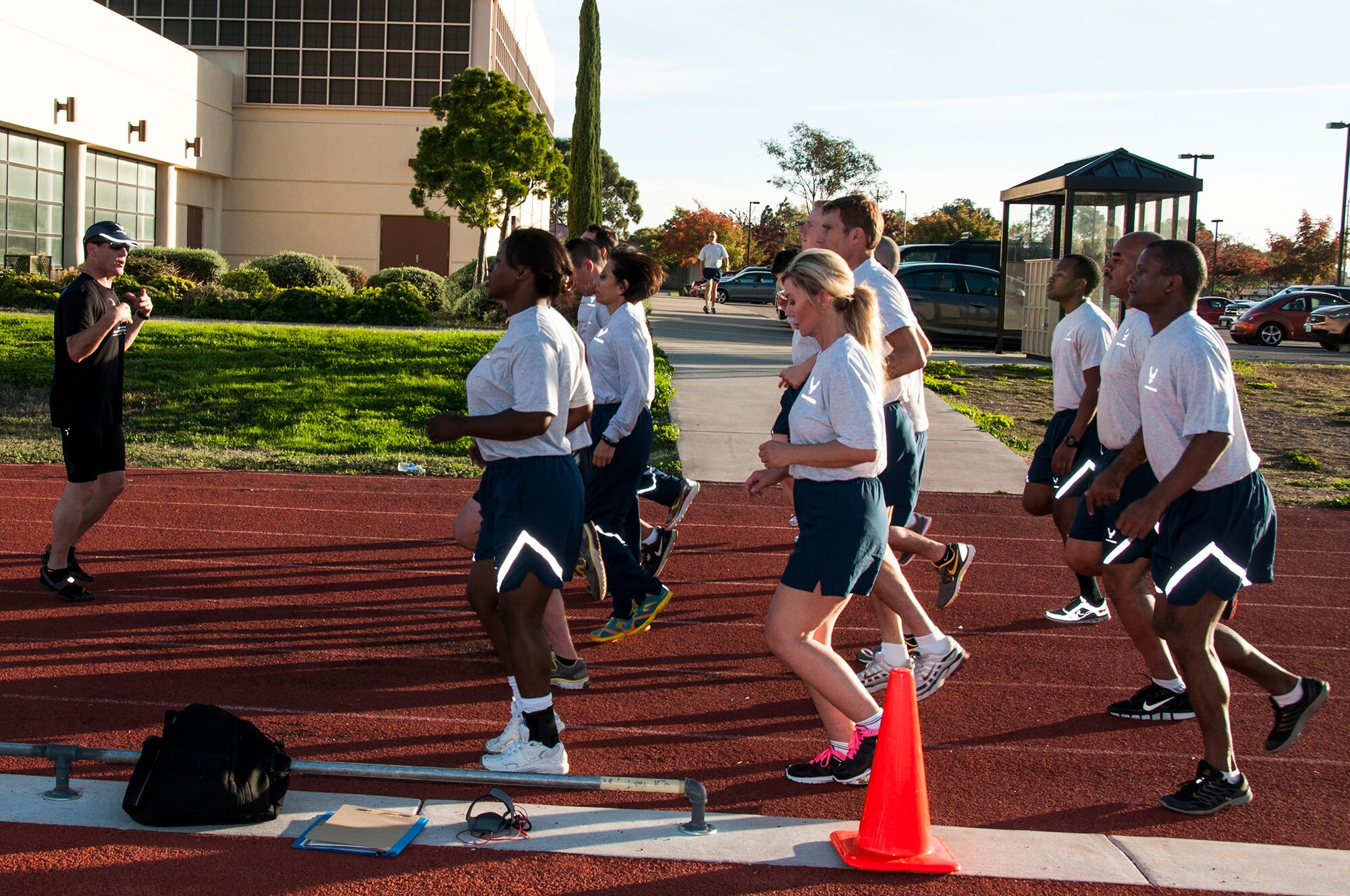 TRAVIS AIR FORCE BASE, Calif. -- Chief Master Sgt. Terry Monges, 70th Air Refueling Squadron, holds a running clinic, Nov. 8, 2014. (U.S. Air Force photo / Staff Sgt. Amelia Leonard) 