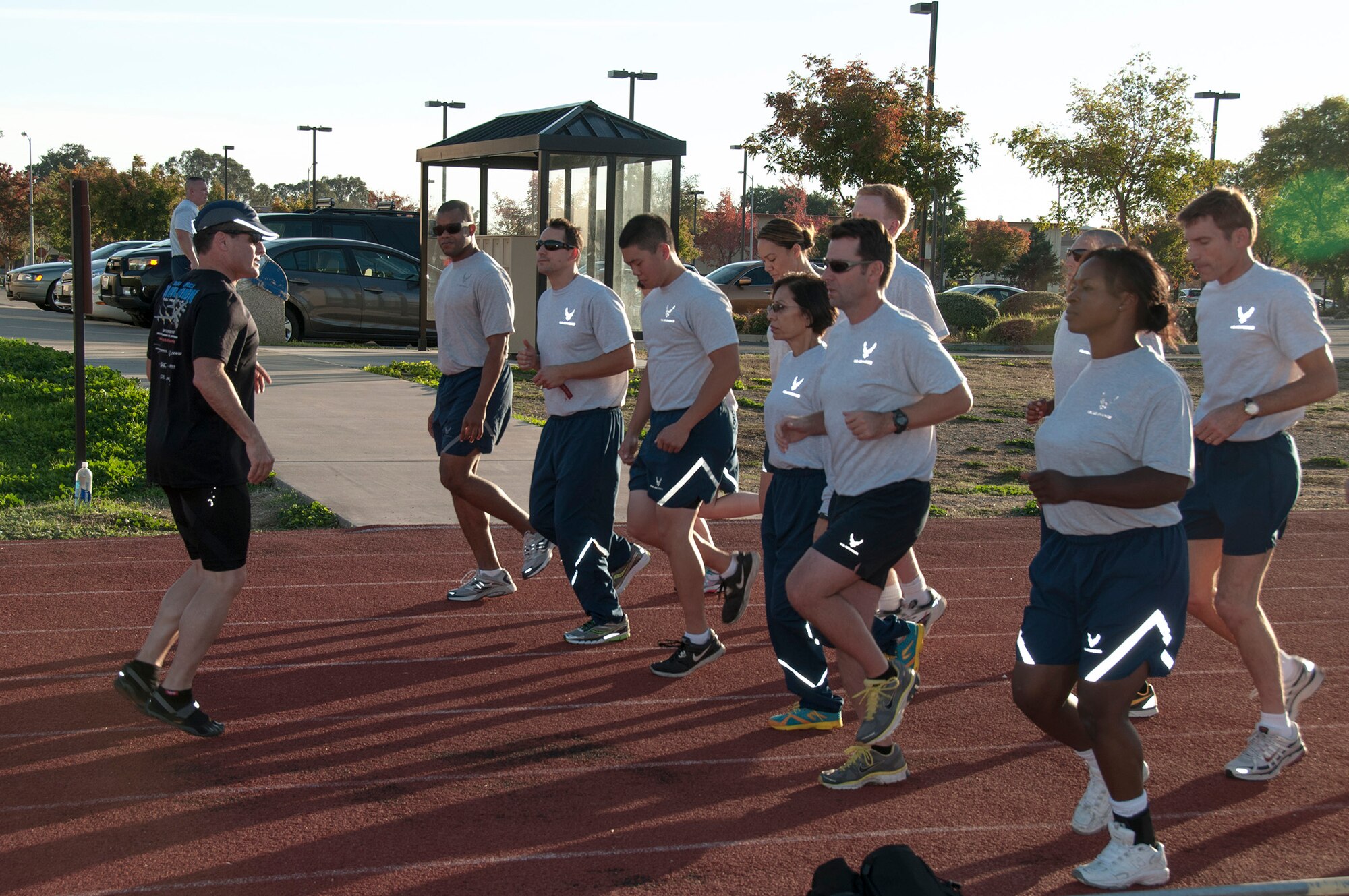 TRAVIS AIR FORCE BASE, Calif. -- Chief Master Sgt. Terry Monges, 70th Air Refueling Squadron, holds a running clinic, Nov. 8, 2014. (U.S. Air Force photo / Staff Sgt. Amelia Leonard) 