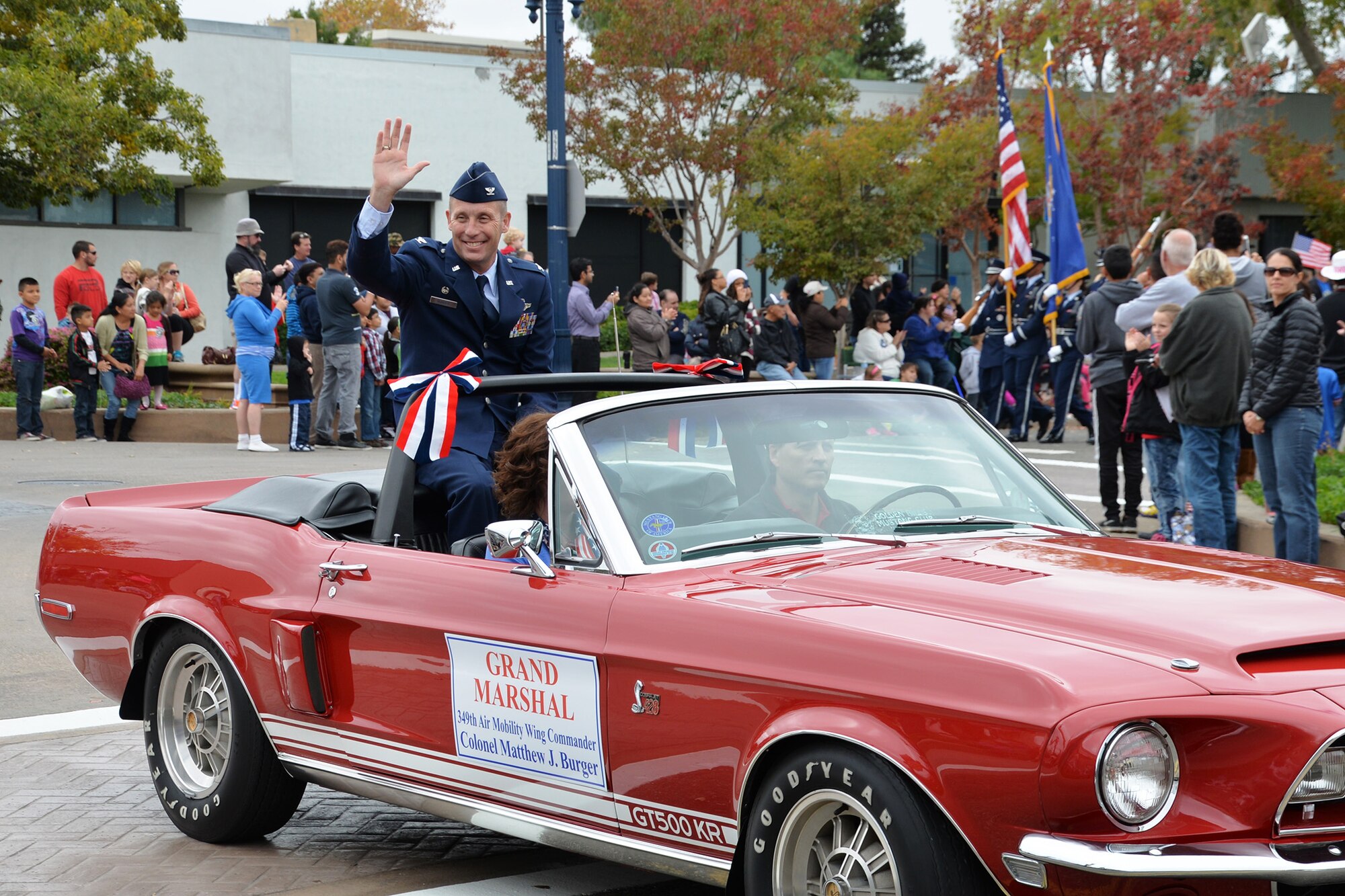 TRAVIS AIR FORCE BASE, Calif.-- Col. Matthew Burger, commander of the 349th Air Mobility Wing, was the grand marshal for this year’s Veterans Day parade Tuesday in Fairfield, one of the biggest ones yet to take place in town. Burger presided over a parade that contained a strong contingent of marching Airmen from Travis Air Force Base, a host of veterans groups and their floats, equestrian clubs, car clubs, community groups and businesses. (U.S. Air Force photo/Senior Airman Bryan Swink)