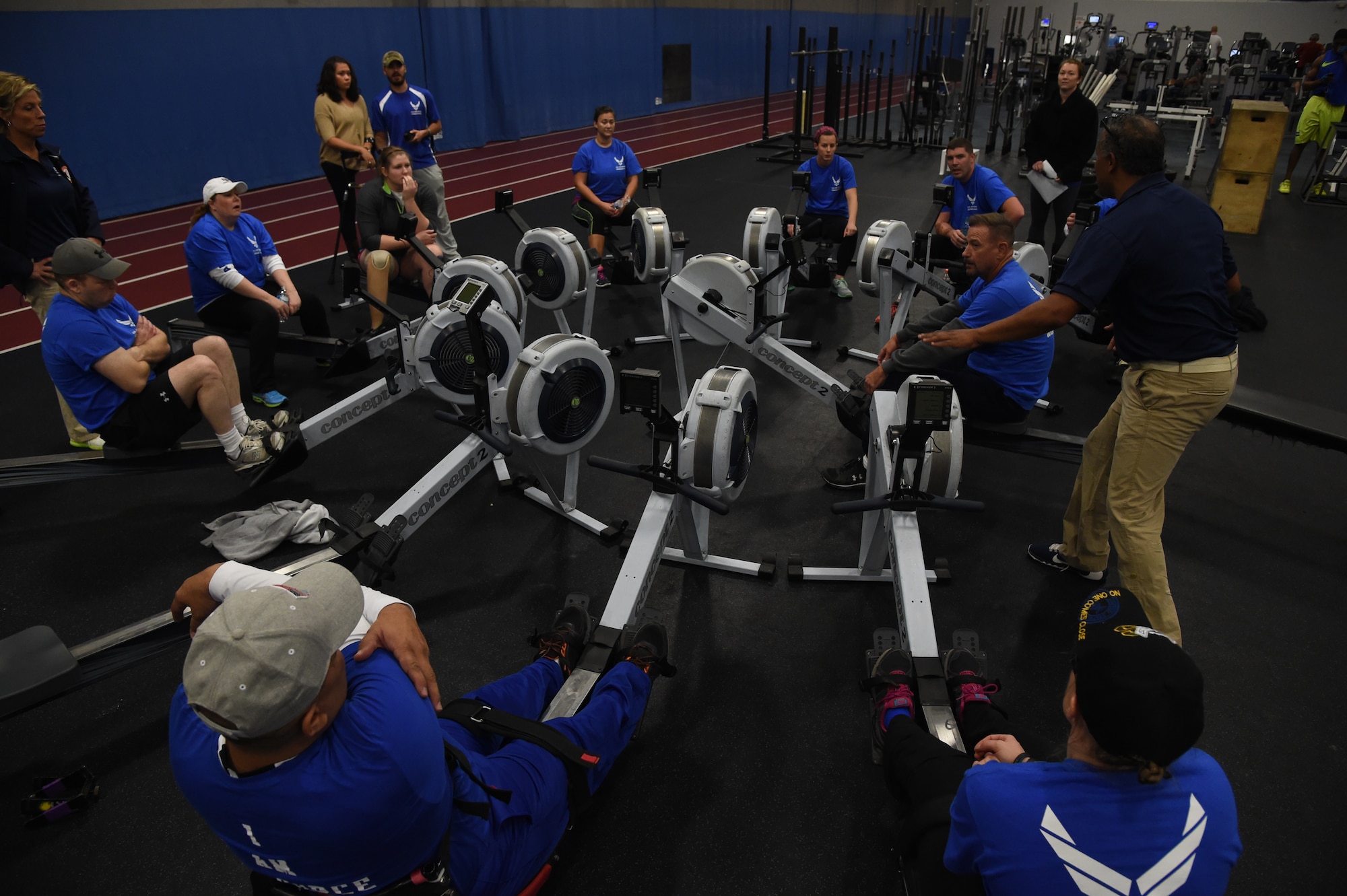 U.S. Air Force Wounded Warriors gather at Joint Base Andrews West Fitness Center Nov. 13-16, to participate in the Air Force Adaptive Sports and Reconditioning Program. Approximately 35 wounded warriors participated in activities including volleyball, basketball, golf, rowing, archery, and music therapy. The program creates a different perspective on how the Airmen view their injuries and helps restore confidence in their abilities. (U.S. Air Force photo by Airman 1st Class Jarrod Maidens/Released)