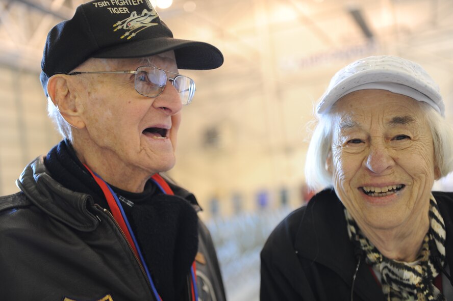 Don Miller and his wife Alice share stories about Miller’s time in the service where he flew fighter planes during World War II.  The couple visited Moody for the 2014 Flying Tiger Reunion and spoke with current Flying Tigers about their past.  (U.S. Air Force photo by Andrea Jenkins/Released)