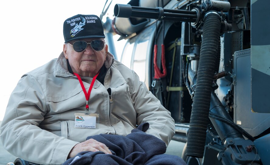 Frank Epperson, former 75th Fighter Squadron pilot and World War II veteran, poses for a photo during the 2014 Flying Tiger Reunion heritage day, Nov. 14, 2014, at Moody Air Force Base, Ga.  The reunion was a three-day event which included briefings, static displays, guest speakers and a banquet.  (U.S. Air Force photo by Airman 1st Class Ceaira Tinsley/Released)