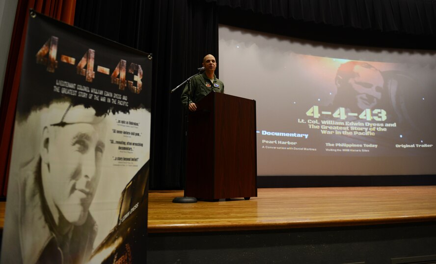 U.S. Air Force Col. Michael Bob Starr, 7th Bomb Wing commander, speaks before the showing of the movie “4-4-43” Nov. 7, 2014, at Dyess Air Force Base, Texas. The documentary is based on the account of Lt. Col. William Dyess and other prisoners of war who escaped from the Philippines’ Davao Penal Colony, a Japanese army prison, during World War II. Called “the greatest story of the war in the Pacific” by the U.S. War Department in 1944, Dyess told of the atrocities prisoners of war suffered during this time.  (U.S. Air Force photo by Airman 1st Class Kedesha Pennant/Released)