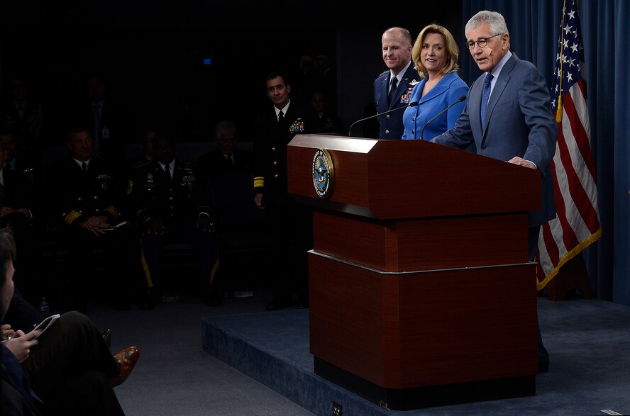 Commander of Air Force Global Strike Command Lt. Gen. Stephen Wilson and Secretary of the Air Force Deborah Lee James join Secretary of Defense Chuck Hagel in the release of the results of the Defense Department's Nuclear Enterprise Review during a press briefing Nov. 14, 2014, at the Pentagon. The findings and recommendations from that review are consistent with actions the Air Force and AFGSC have been taking to improve its nuclear enterprise. (U.S. Air Force photo/Scott M. Ash)