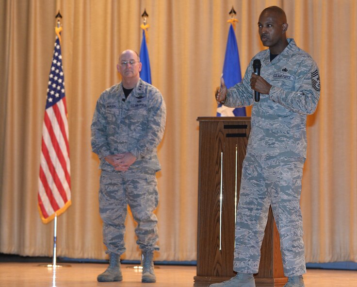 Lt. Gen. James "JJ" Jackson, chief of Air Force Reserve and commander of Air Force Reserve Command, and Chief Master Sgt. Cameron Kirksey, the AFRC command chief, speaks to members of the 419th Fighter Wing during an all call here Nov. 7. (U.S. Air Force photo/Alex Lloyd) 
