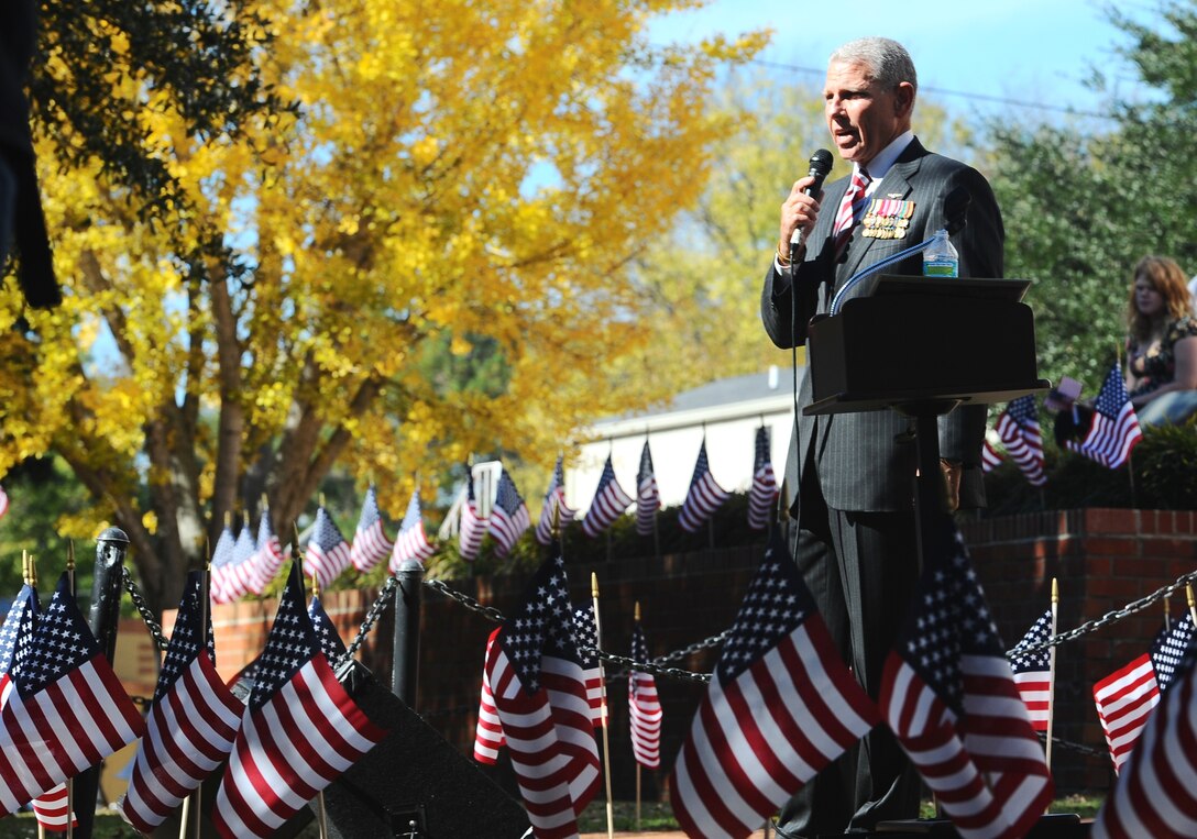 Retired U.S. Marine Corps Maj. Gen. Thomas Moore speaks during the Veterans Day Ceremony Nov. 8 at the Lowndes County Courthouse in downtown Columbus, Mississippi, Moore, a retired helicopter pilot, spoke about his time in uniform, the necessity of local community support and his appreciation for the opportunity to serve. (U.S. Air Force photo/Airman John Day)