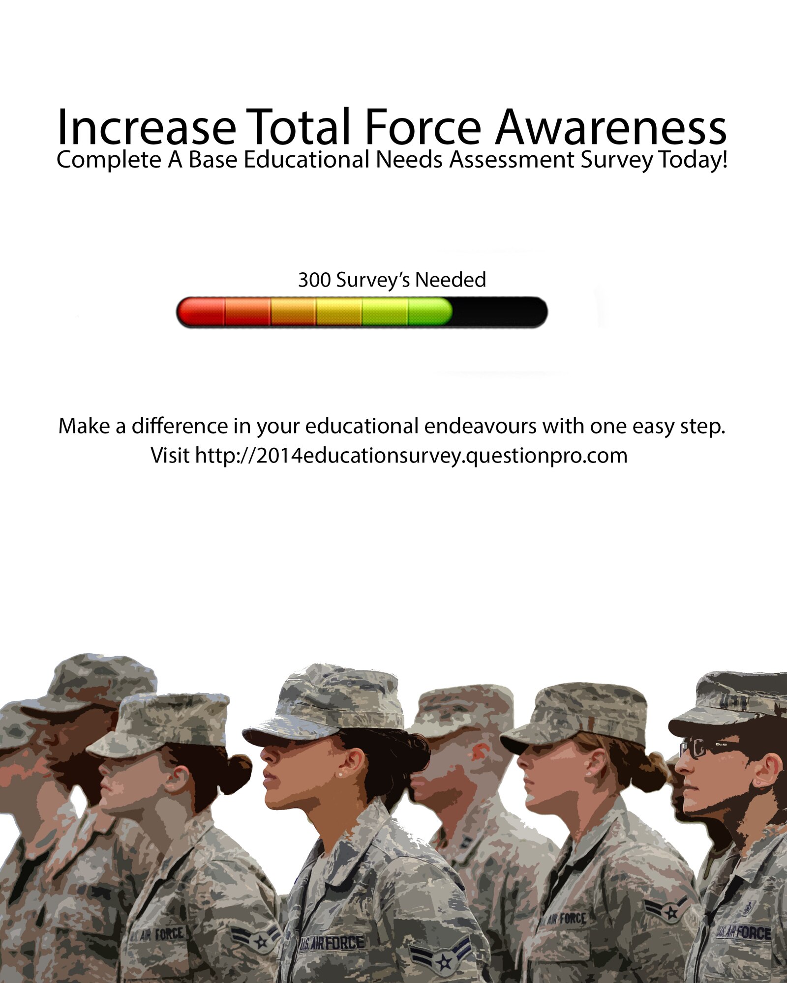 The base education office is currently asking Team XL to complete a survey designed to gather information on desired higher education programs for the Laughlin community. The survey will be open until Nov. 30 and only takes a few minutes to complete. (U.S. Air Force graphic by Staff Sgt. Steven R. Doty)(Released)