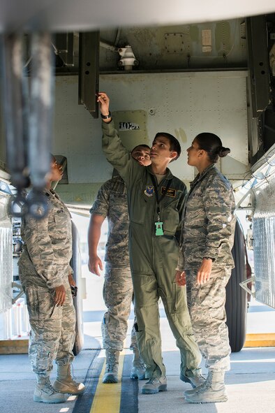 Air Force Reserve Officer Training Corps (AFROTC) cadets tour a B-52H Stratofortress during their visit to Barksdale Air Force Base, La., Nov. 7, 2014. To improve recruiting for the 13N-Nuclear Missile Operations career Field, the Air Force offered ten dedicated scholarships to AFROTC cadets interested in committing to the 13N career field. The scholarship recipients represent the cream of the crop; chosen from a competitive field of candidates that will all receive their commission in the 2015 fiscal year. Based on their selection, Lt. Gen. Stephen Wilson, Air Force Global Strike Command commander, personally invited them to attend the Fall Commander’s Conference and the Global Strike Command Score Posting Ceremony, which seven of the 10 selectees were able to accept. (U.S. Air Force photo by Master Sgt. Greg Steele/Released)