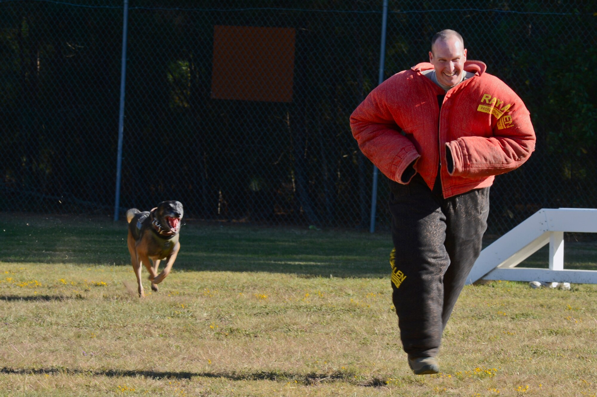 U.S. Air Force Col. Stephen Jost, 20th Fighter Wing commander, runs from Jony, 20th Security Forces Squadron military working dog, during a demonstration at Shaw Air Force Base, S.C., Oct. 27, 2014. The military working dogs demonstration gave the commander a chance to feel the impact of Shaw’s military working dogs. (U.S. Air Force photo by Senior Airman Tabatha Zarrella/Released)