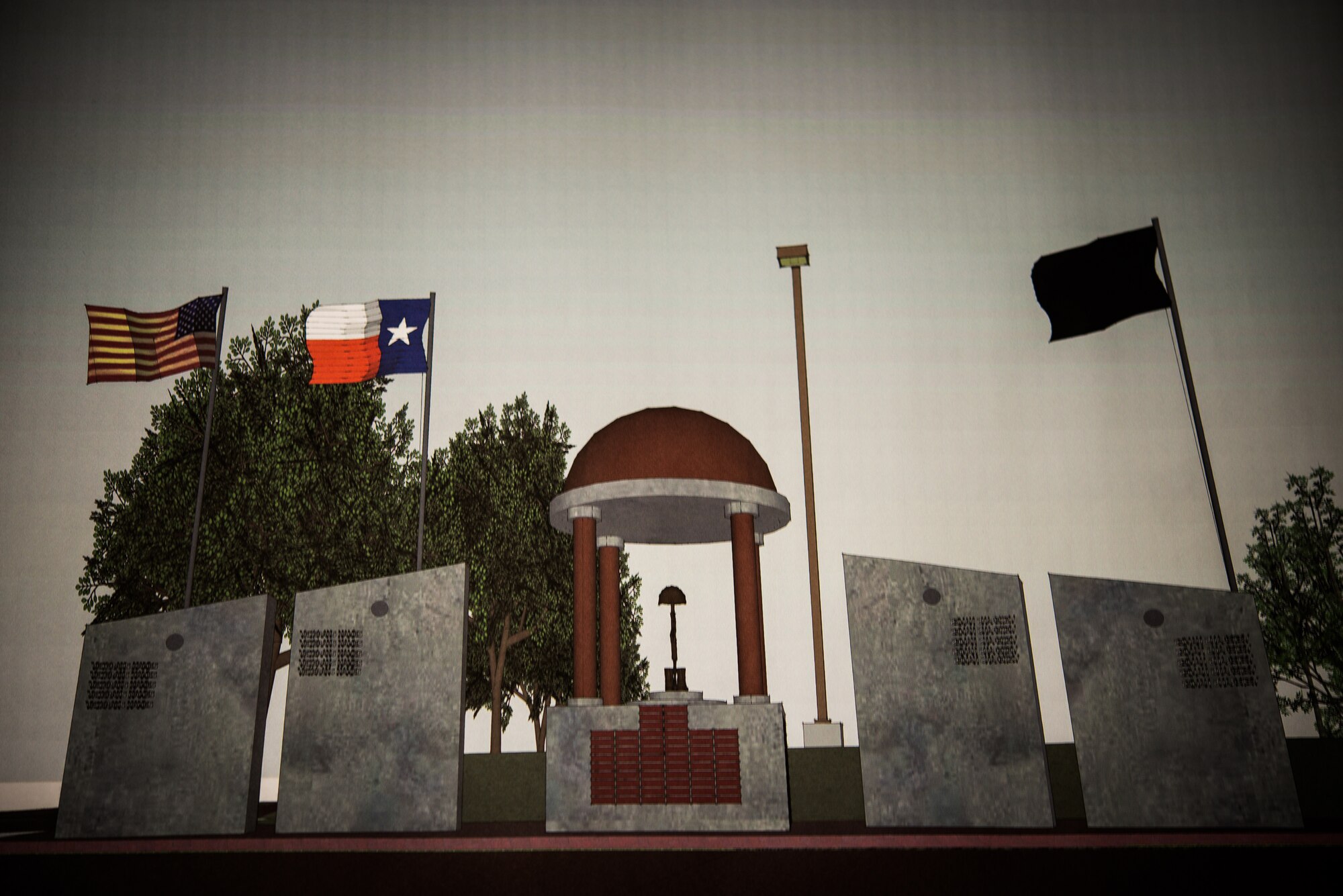 The photo is of the War Heroes Memorial illustration that was created in a program used by professional architects to manipulate various architectural symbols. The memorial is meant to commemorate native San Antonio veterans, from across the military services, who have lost their lives serving their country. (U.S. Air Force photo illustration by 1st Lt. Jose R. Davis)