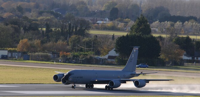 A KC-135 Stratotanker takes off Nov. 12, 2014 on RAF Mildenhall, England.  Three tankers left RAF Mildenhall airspace together in a three-ship takeoff. (U.S. Air Force photo by Gina Randall/Released)