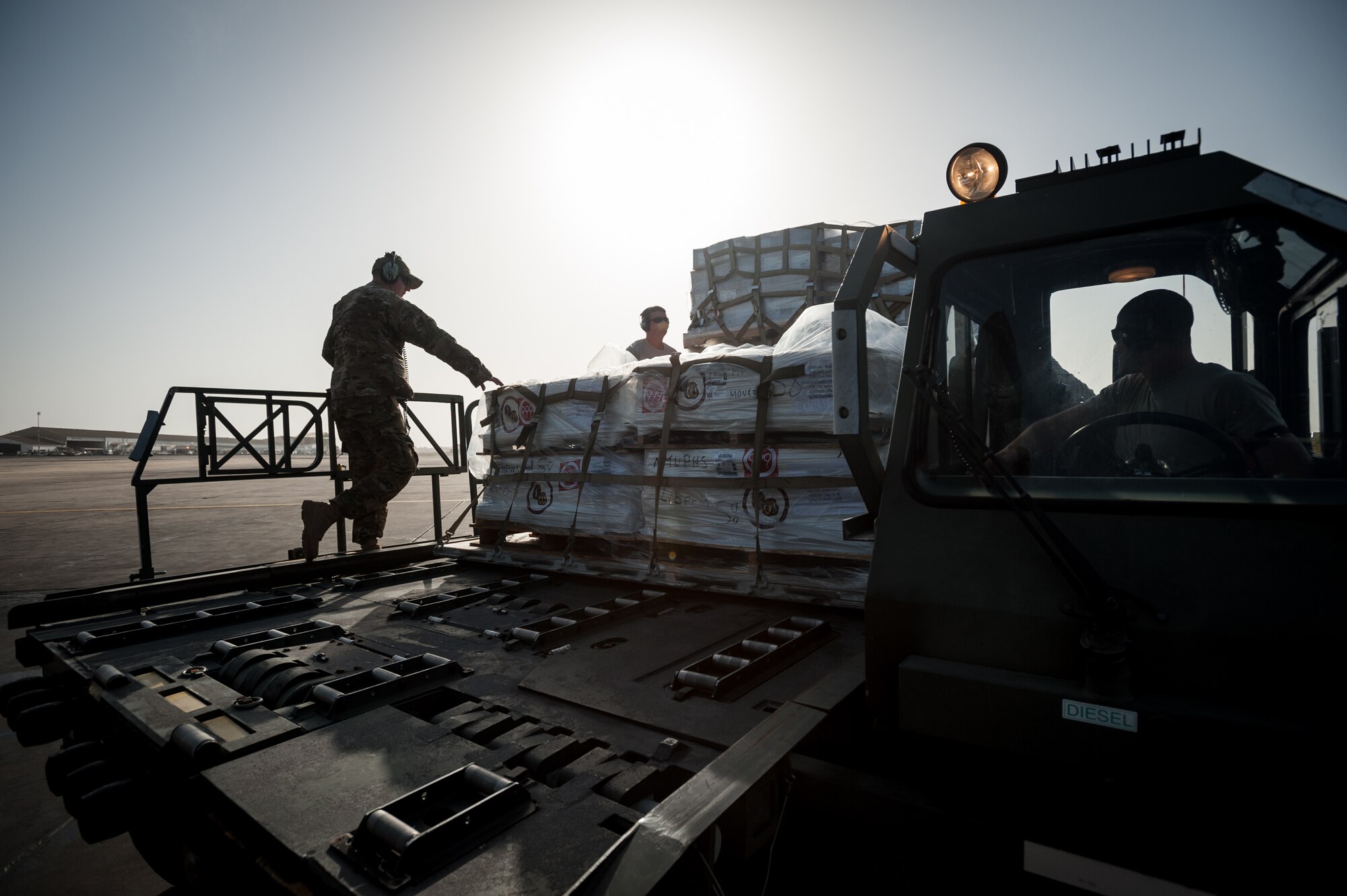 Aerial porters from the Kentucky Air National Guard’s 123rd Contingency Response Group and a loadmaster from the 317th Airlift Group at Dyess Air Force Base, Texas, load humanitarian cargo onto a U.S. Air Force C-130J aircraft at Léopold Sédar Senghor International Airport in Dakar, Senegal, Nov. 10, 2014. The aircraft and crew, all from Dyess, are deployed to Senegal as part of the 787th Air Expeditionary Squadron and will fly the cargo into Monrovia, Liberia, in support of Operation United Assistance, the U.S. Agency for International Development-led, whole-of-government effort to contain the Ebola virus outbreak in West Africa. (U.S. Air National Guard photo by Maj. Dale Greer)