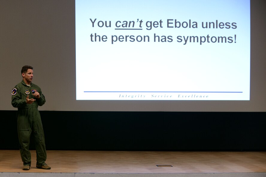 U.S. Air Force Lt. Col. Dan Murray, 52nd Aerospace Medicine Squadron commander and 52nd Fighter Wing public health emergency officer, talks at an information forum Nov. 13, 2014, at the theater at Spangdahlem Air Base, Germany. He discussed how someone can avoid contracting the Ebola virus disease. (U.S. Air Force photo by Staff Sgt. Daryl Knee/Released)