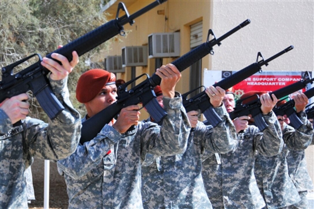 Nevada National Guard soldiers serving with Task Force Sinai, perform a 21-gun salute during Multinational Force and Observer's annual Remembrance Day ceremony on North Camp, Sinai, Egypt, Nov. 11, 2014.