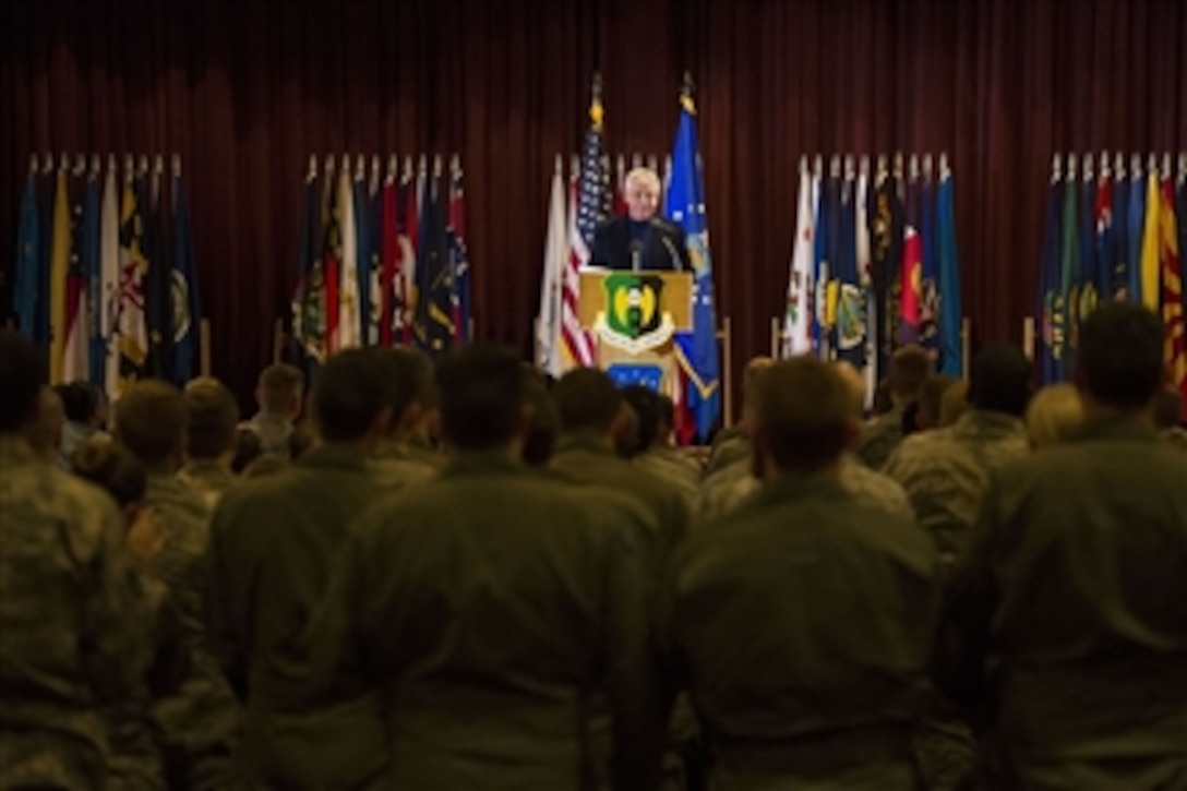 Defense Secretary Chuck Hagel addresses airmen on Minot Air Force Base, N.D., Nov. 14, 2014. Hagel is on a five-day trip visiting troops across the United States.