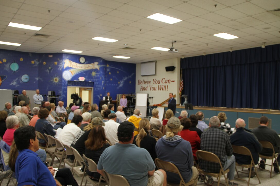 Red Mill Elementary School in Virginia Beach, Va., provided the venue Nov. 6, as more than 100 Sandbridge area community members voiced their concerns and opinions on the pending Environmental Impact Statement study for the proposed Wilkins’ Marina project. The scoping meeting, hosted by the Norfolk District, U.S. Army Corps of Engineers, sought to listen to community members and capture their comments for use in the development of the EIS.
After a lively and oftentimes passionate discussion during the meeting’s introductory session, led by Tom Walker, Norfolk District’s Regulatory chief, and Harold Jones, project consultant, community members were separated into four break-out sessions to focus on identifying, defining and capturing specific project issues. The break-out sessions were led by environmental scientists from the district’s Regulatory Branch and managed by Melissa Nash, the Corps’ Wilkins' Marina EIS project manager.
Community members were also informed of the 45-day comment period allowing them to send their comments to the Corps via email or mail through Nov. 21, 2014, and the creation of a Corps Wilkins’ Marina EIS project web page to keep community members updated.
