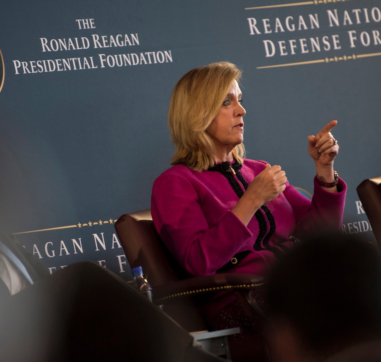 Secretary of the Air Force Deborah Lee James addresses the audience at the Reagan National Defense Forum at The Ronald Reagan Presidential Library in Simi Valley, Calif., Nov. 15, 2014. The Reagan National Defense Forum brings together leaders and key stakeholders in the defense community -- including members of Congress, civilian officials and military leaders from the Defense Department and industry -- to address the health of U.S. national defense and stimulate discussions that promote policies that strengthen the U.S. military in the future. DoD photo by Kevin O'Brien