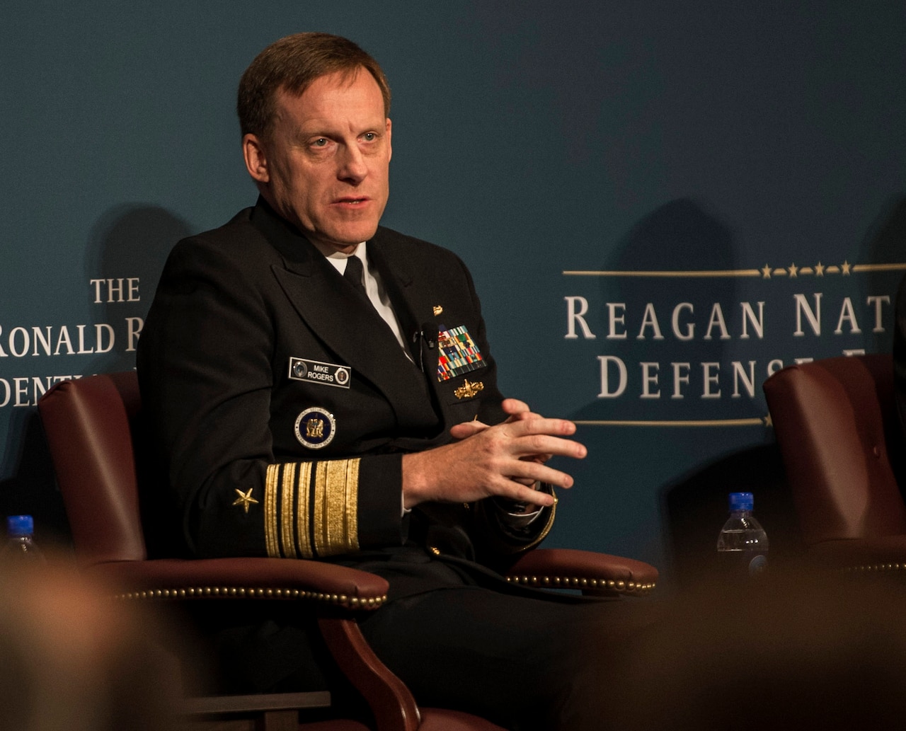 Navy Adm. Michael S. Rogers, the commander of U.S. Cyber Command, the director of the National Security Agency, and chief of the Central Security Service, delivers remarks at the Reagan National Defense Forum at The Ronald Reagan Presidential Library in Simi Valley, Calif., Nov. 15, 2014. The Reagan National Defense Forum brings together leaders and key stakeholders in the defense community -- including members of Congress, civilian officials and military leaders from the Defense Department and industry -- to address the health of U.S. national defense and stimulate discussions that promote policies that strengthen the U.S. military in the future. DoD photo by Kevin O'Brien