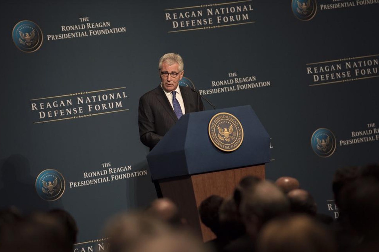 Defense Secretary Chuck Hagel provides remarks during the Reagan National Defense Forum at The Ronald Reagan Presidential Library in Simi Valley, Calif., Nov. 15, 2014. DoD photo by Kevin O'Brien