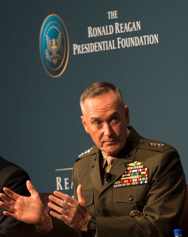 Marine Corps Commandant Gen. Joseph F. Dunford Jr. discusses issues at the Reagan National Defense Forum at The Ronald Reagan Presidential Library in Simi Valley, Calif., Nov. 15, 2014. The Reagan National Defense Forum brings together leaders and key stakeholders in the defense community -- including members of Congress, civilian officials and military leaders from the Defense Department and industry -- to address the health of U.S. national defense and stimulate discussions that promote policies that strengthen the U.S. military in the future. DoD photo by Kevin O'Brien