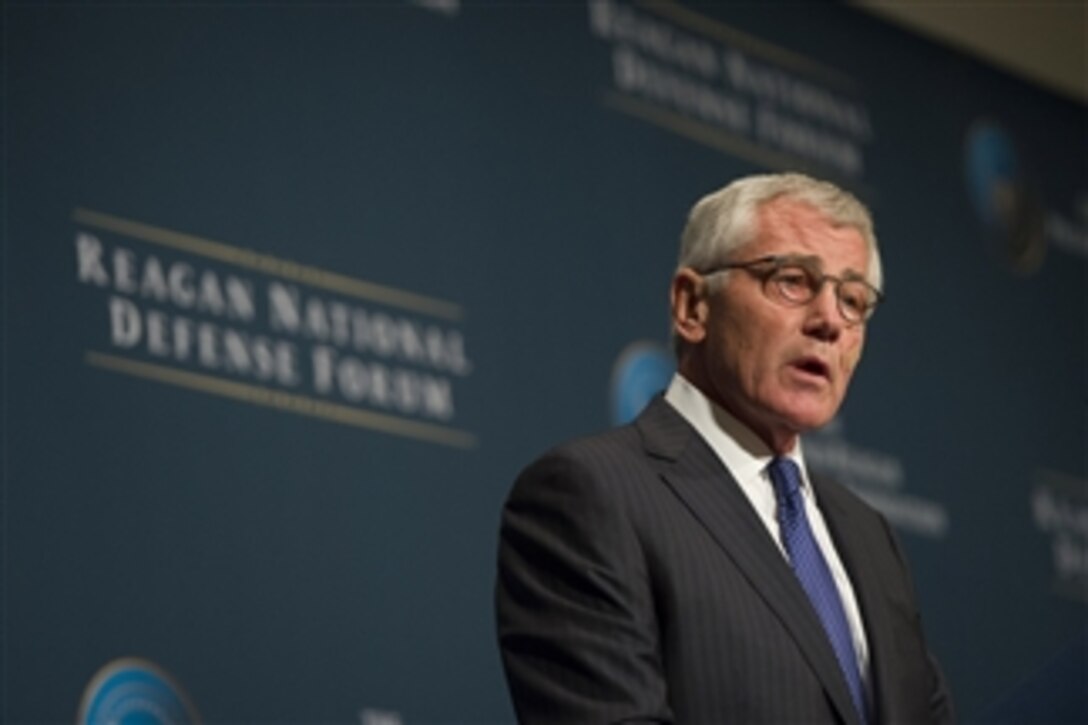 Defense Secretary Chuck Hagel makes remarks during the Reagan National Defense Forum at The Ronald Reagan Presidential Library in Simi Valley, Calif., Nov. 15, 2014. Hagel announced a plan to harness the brightest minds and cutting-edge technology to change the way the Department of Defense innovates and operates. Hagel is on a five-day trip visiting troops across the United States. 