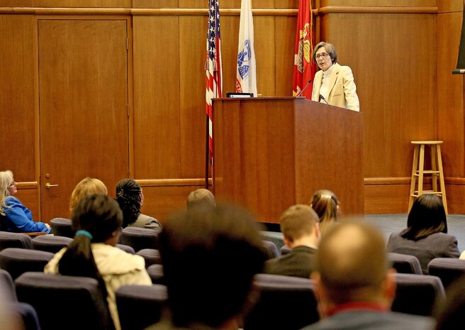 Mary Lacey, deputy assistant secretary of the Navy for Research, Development, Test and Evaluation, speaks to attendees during the “Making Connections” forum Nov. 13 at the Gray Research Center on Marine Corps Base Quantico, Virginia. The event was hosted by Marine Corps Females in Technology, or MC-FIT, a new organization sponsored by the Marine Corps Systems Command engineering competency. 