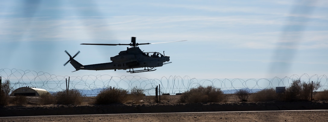 A UH-1Y utility helicopter with Marine Light Attack Helicopter Squadron 267, based out of Marine Corps Air Station Cherry Point, N.C., descends to the flight line aboard Camp Wilson, Marine Corps Air Ground Combat Center, Calif., Jan. 14. HMLA 267, along with Marine Attack Squadron 211, based out of Marine Corps Air Station Yuma, Calif., cooperated as part of the air combat element partaking in the Integrated Training Exercise at Camp Wilson from Jan. 12 through Feb. 13. 