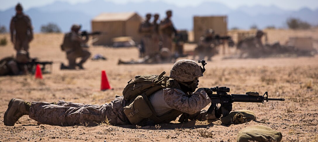 Combat engineers with Marine Wing Support Squadron 371 execute a live-fire squad movement exercise at the Western Barry M. Goldwater Range near Marine Corps Air Station Yuma, Ariz., June 5.