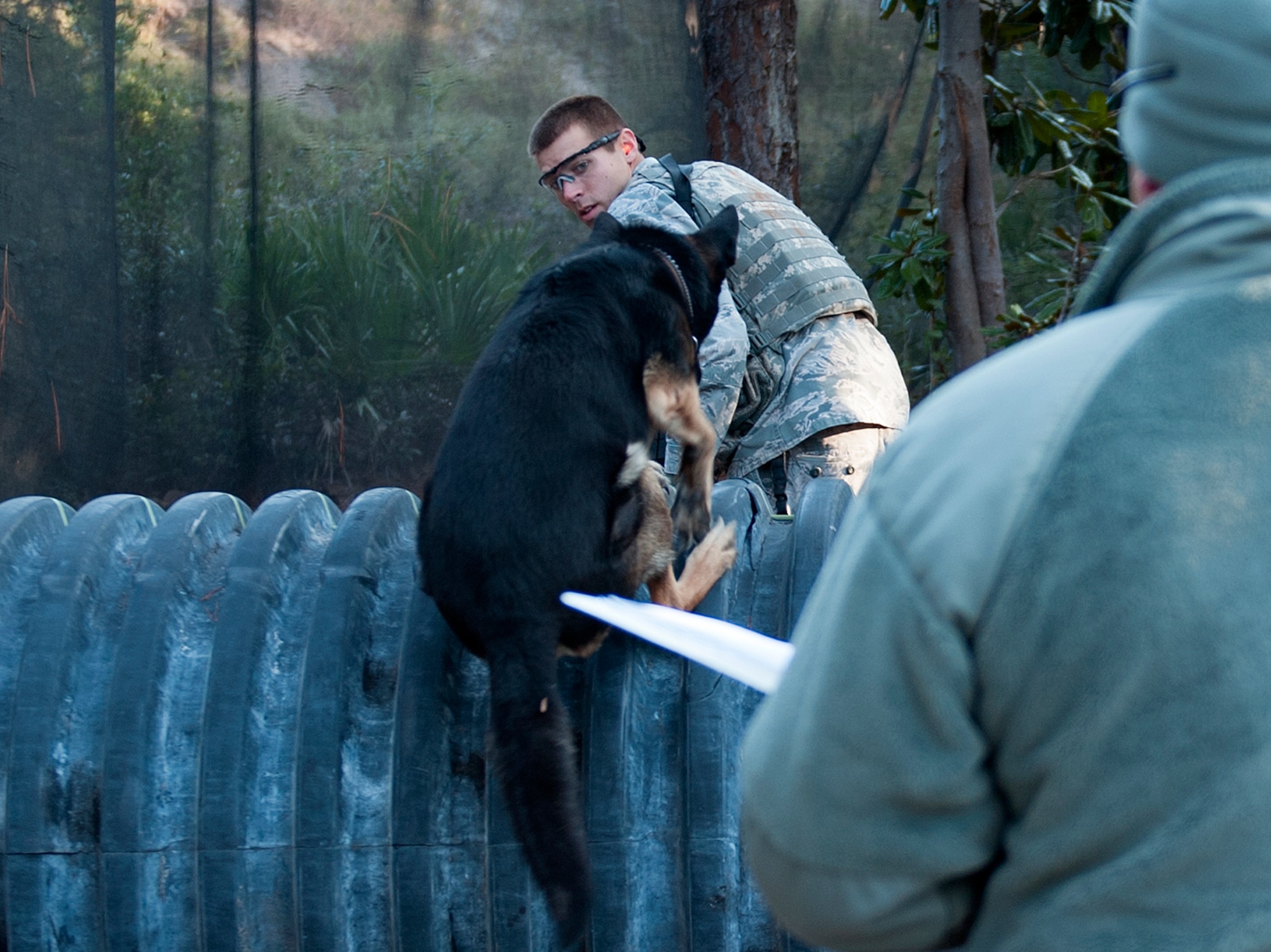 Staff Sgt. Philip Hines, 1st Special Operations Security Forces Squadron military working dog handler, and his K-9, Szuli, jump an obstacle during the Emerald Coast K-9 Clash at Hurlburt Field, Fla., Nov. 15, 2014. Participants were judged in a variety of areas including team work, navigation, tactics and K-9 control. (U.S. Air Force photo/Senior Airman Kentavist P. Brackin)