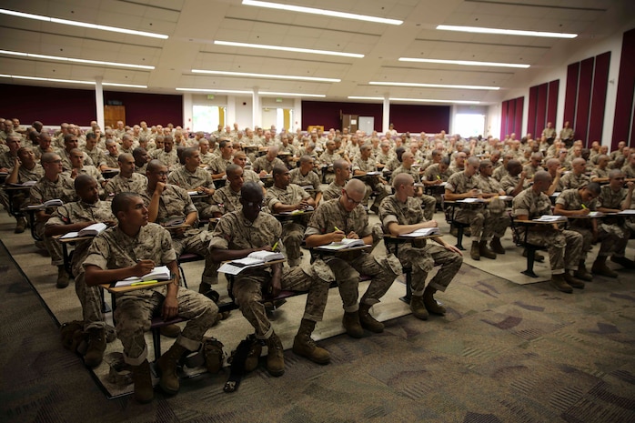 Recruits of Charlie Company, 1st Recruit Training Battalion, learn about the Marine Corps’ customs and courtesies at Marine Corps Recruit Depot San Diego, Calif., Oct. 29. Classes are used to teach recruits different areas of Marine Corps knowledge and are continuous throughout recruit training. Recruits learn about topics such as: Marine Corps history, uniform regulations, traditions, leadership principles and the Uniform Code of Military Justice, among others.