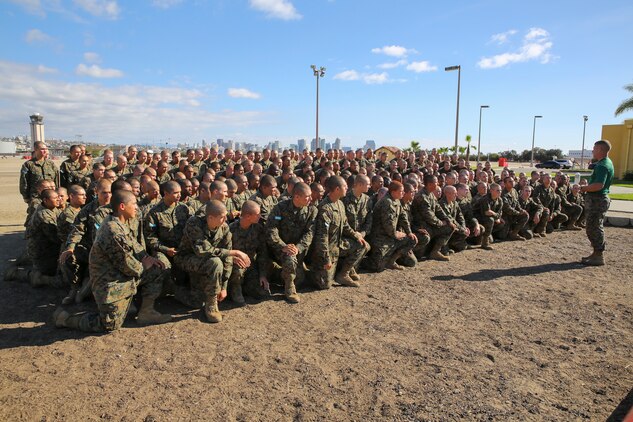 Recruits of Mike Company, 3rd Recruit Training Battalion, receive a brief before beginning the Marine Corps Martial Arts Program test aboard Marine Corps Recruit Depot San Diego, Nov. 12.  During the event, recruits were broken down into groups of 20 and assigned a drill instructor from Instructional Training Company, who conducted the test.