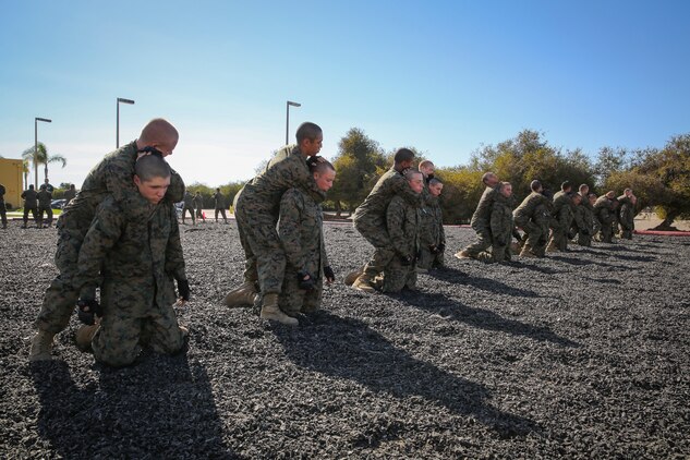 Recruits of Mike Company, 3rd Recruit Training Battalion, execute a figure-four rear choke during the Marine Corps Martial Arts Program test aboard Marine Corps Recruit Depot San Diego, Nov. 12.  Recruits were tested on how to perform the choke holds as well as how to counter them.