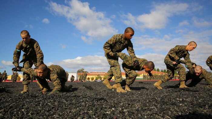 Recruits of Mike Company, 3rd Recruit Training Battalion, execute an arm-bar take down during the Marine Corps Martial Arts Program test aboard Marine Corps Recruit Depot San Diego, Nov. 12.  Recruits perform MCMAP techniques in a rubber tire pit, which allows them to properly execute throws without fear of seriously hurting another recruit.
