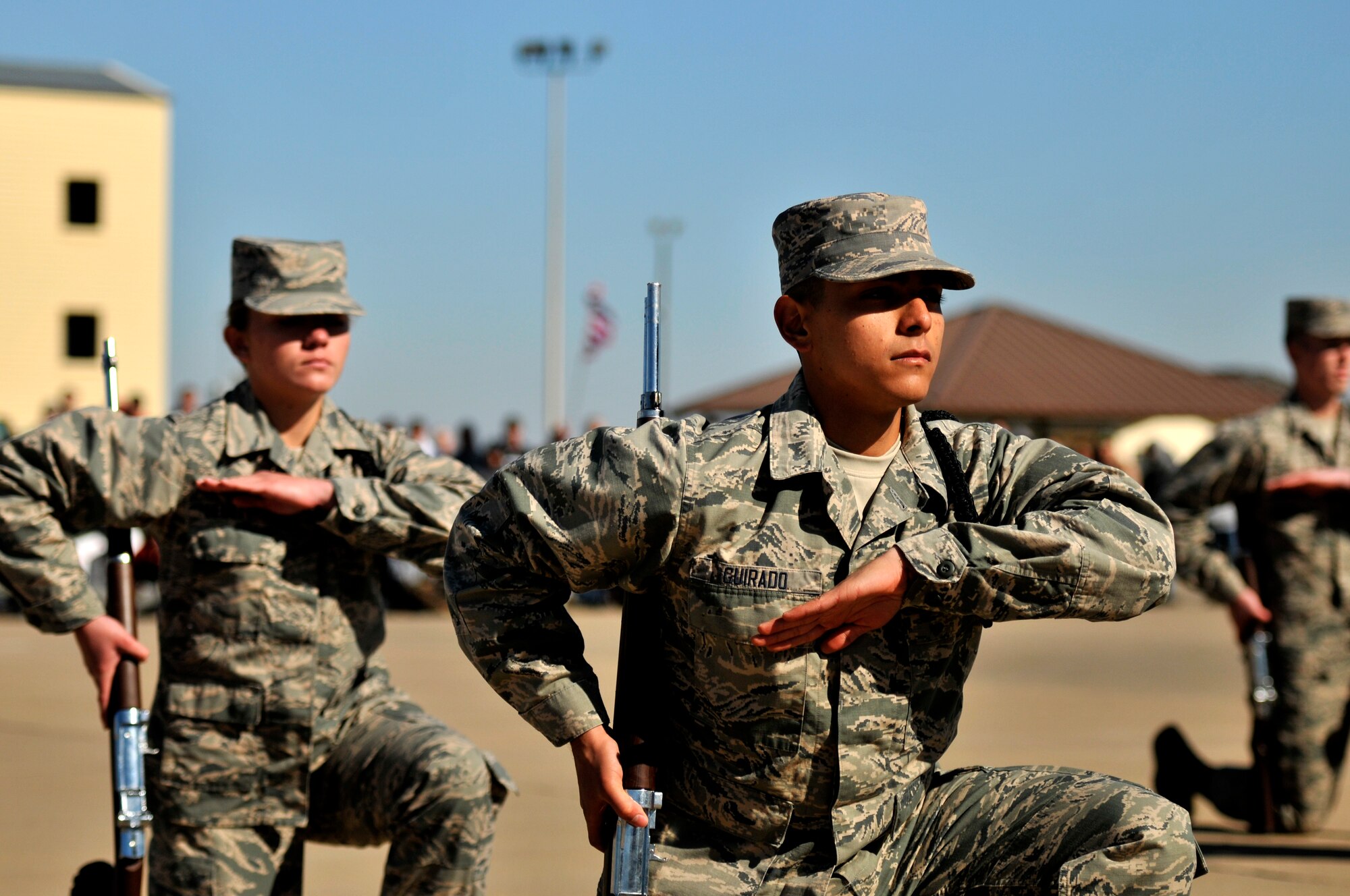 GOODFELLOW AIR FORCE BASE, Texas – A 312th Training Squadron formation perform a drill demonstration during a drill competition at Community Appreciation Day at the Louis F. Garland Department of Defense Fire Academy Nov. 15. The 312th TRS won the competition tournament. (U.S. Air Force photo/ Airman 1st Class Scott Jackson)