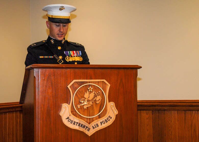 U. S. Marine Corps Capt. Clayton Jarolimek, deliberate planner, Joint Functional Component Command for Space, reads a message from the 36th Commandant of the Marine Corps Gen. Joseph F. Dunford, during 14th Air Force and JFCC Space’s combined Marine Corps Birthday Celebration here, Nov. 12, 2014.  On Nov. 10, 2014 the Marine Corps celebrated its 239th birthday.  (U.S. Air Force photo by Capt. Nicholas Mercurio/Released)