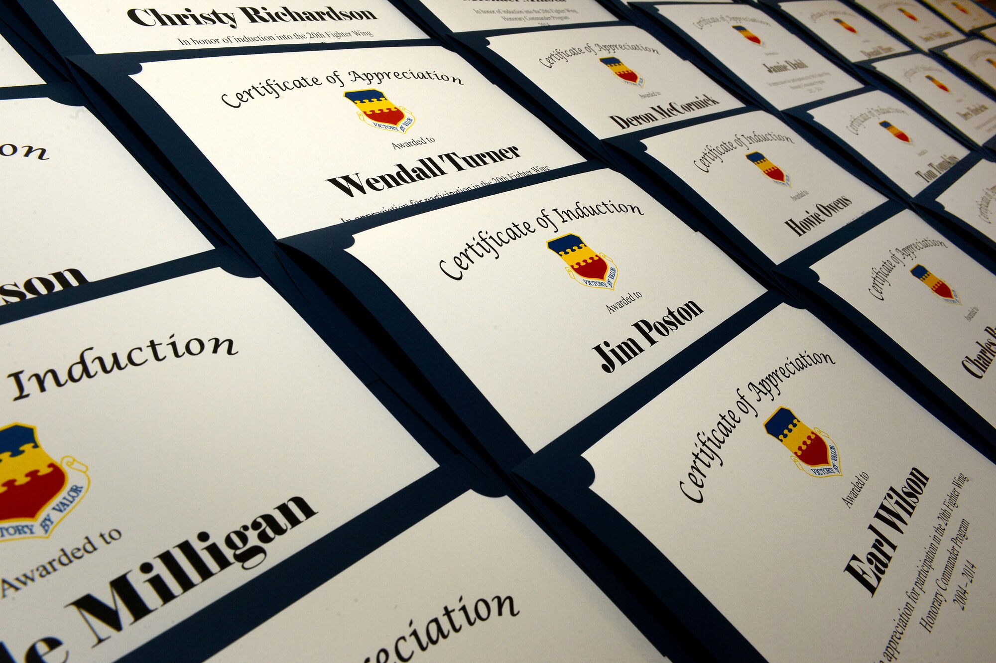 An honorary commander change of command ceremony was held at the Carolina Skies Club and Conference Center at Shaw Air Force Base, S.C., Nov. 13, 2014. During the ceremony, incoming and outgoing honorary commanders were recognized by members of the 20th Fighter Wing and Ninth Air Force for their support at the base. (U.S. Air Force photo by Airman 1st Class Jensen Stidham/Released)