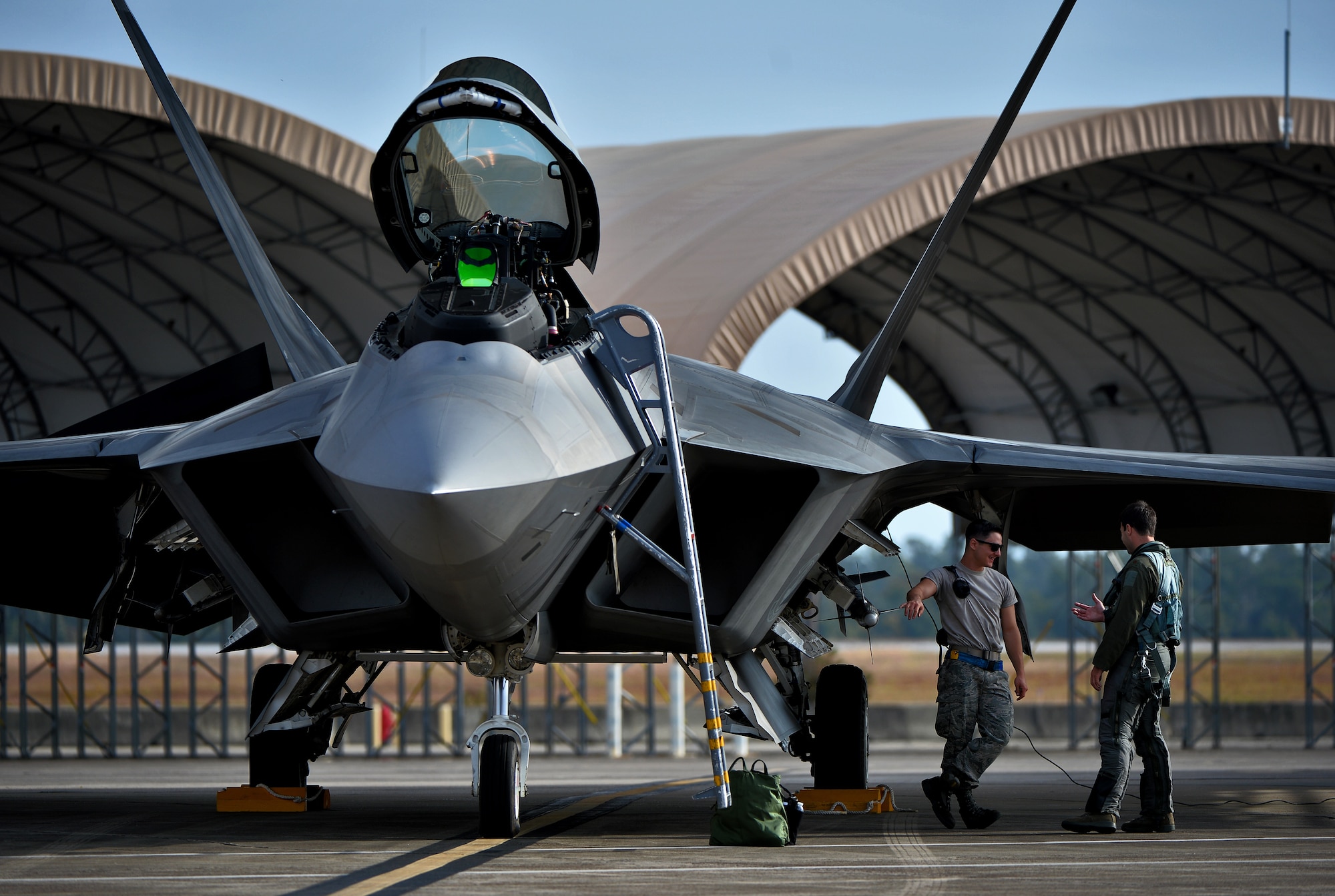 An F-22 Raptor from the 94th Fighter Squadron, Joint Base Langley-Eustis, Virginia, is ready for take-off for an integrated training mission on Eglin Air Force Base, Florida, Nov. 6, 2014. The F-35s and F-22s flew offensive counter air, defensive counter air and interdiction missions, maximizing effects by employing fifth-generation capabilities together. (U.S. Air Force photo/Master Sgt. Shane A. Cuomo)