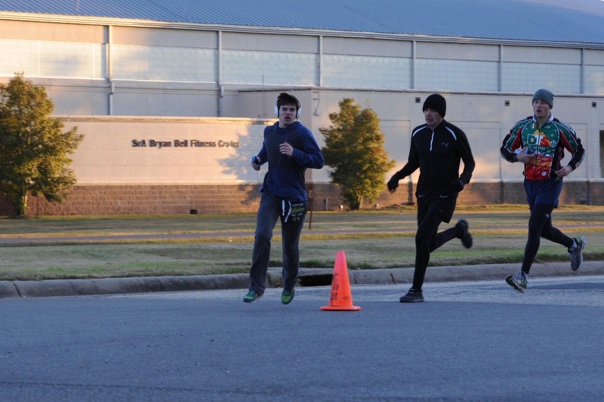 Airmen participate in the Turkey Trot 5K fun run on Barksdale Air Force Base, La., Nov. 14, 2014. The Senior Airman Bryan Bell Fitness Center hosted a Thanksgiving- themed 5K with turkey prizes in spirit of the upcoming holiday. (U.S. Air Force photo/ Senior Airman Jannelle Dickey)