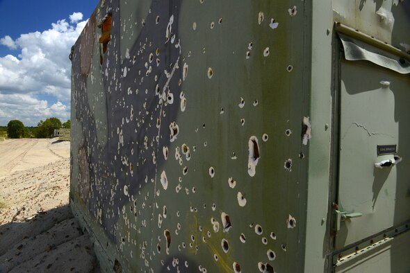 Targets are riddled with holes from aircraft target training missions at Poinsett Electronic Combat Range, Sumter, S.C., Sept. 4, 2014. In 2013, there were 172,160 bullets shot at the range including 20 mm, 7.62 mm, and 50 caliber bullets. (U.S. Air Force photo by Airman 1st Class Diana M. Cossaboom/Released)