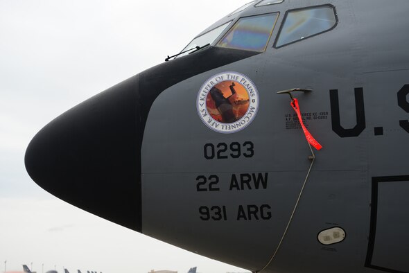 Nose art of the “Keeper of the Plains” adorns one of the KC-135R Stratotanker’s at McConnell Air Force Base, Kan. The “Keeper of the Plains” is a 44-foot-tall steel sculpture of an American Indian that stands at the confluence of the Arkansas and Little Arkansas rivers in Wichita, Kan. The sculpture was created by Blackbear Bosin, who will be the subject of an informal luncheon at 11 a.m., Monday, Nov. 24, in the chapel annex here. (U.S. Air Force photo/Senior Airman Trevor Rhynes) 

