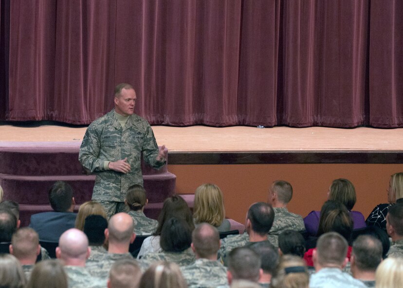 Chief Master Sgt. of the Air Force James Cody addresses 90th Missile Wing Airmen Nov. 14, 2014, in the base theater F.E. Warren Air Force Base, Wyo., during an all call. Cody spent the all call answering any questions Airmen had, providing an opportunity for them to address any issues and hear the perspective of the AF's top enlisted leader. (U.S. Air Force photo by Lan Kim)