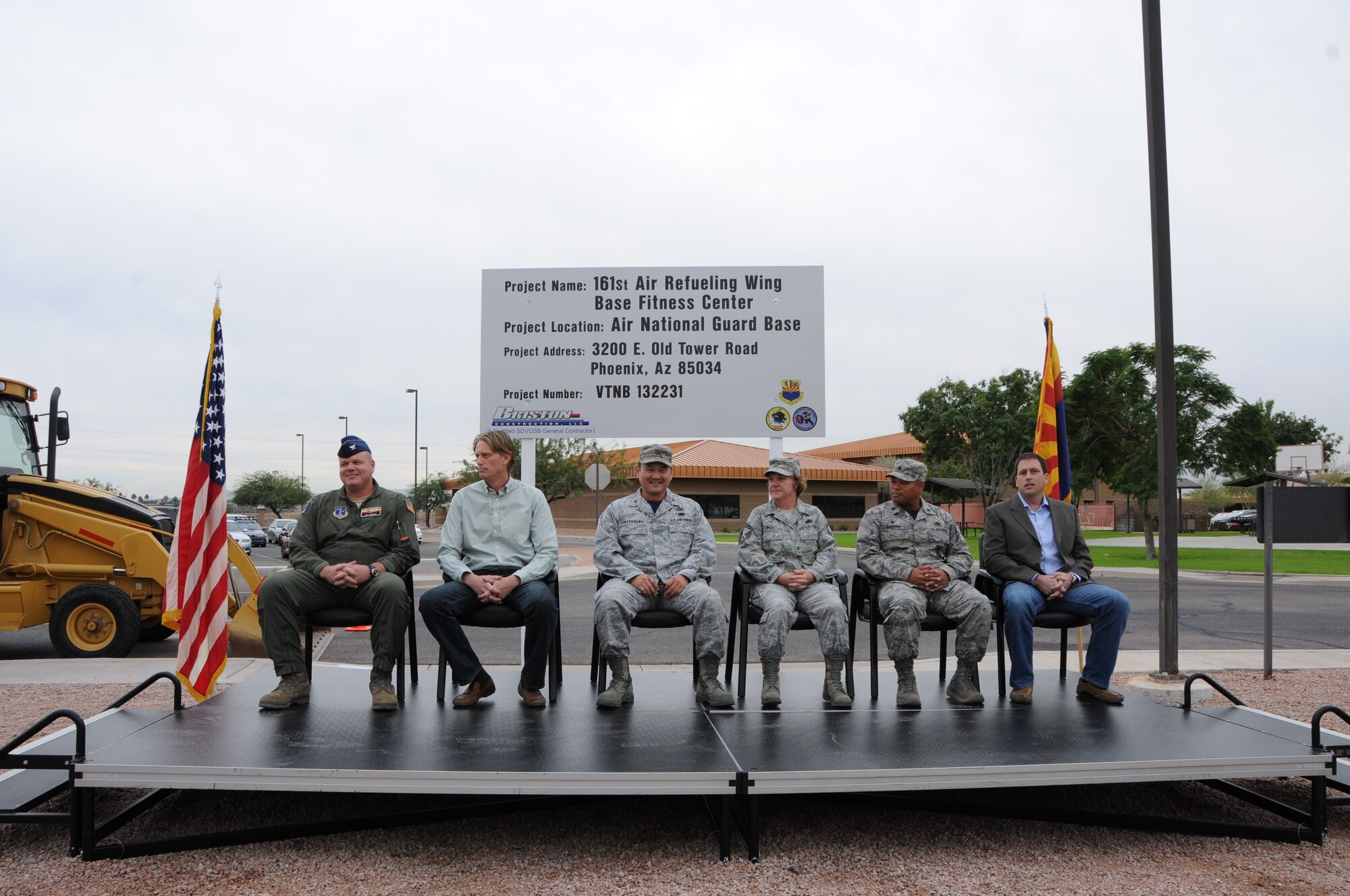 Col. Gary D. Brewer Jr, Commander 161st Air Refueling Wing, Brandon Carr, CEO Briston Construction, Col. Kyle Kobashigawa, Mission Support Group Commander, Senior Master Sgt. Kindra Sweet, Sustainment Flight Superintendent, Lt. Col. Eric Queddeng, Civil Engineering Squadron Commander and Daniel Briscoe, COO Briston Construction are ready to start the ground breaking ceremony for the new Base Fitness Center on Nov.14 here at Phoenix Sky Harbor Air National Guard Base. The 2,400 square foot fitness center, which is scheduled to open in approximately six months, will provide Airmen twice the square footage of the existing facility, add daylighting features, industrial architecture finishes, 20 foot vaulted ceilings and reverse osmosis drinking water. (U. S. Air National Guard photo by Master Sgt. Kelly M. Deitloff/Released)