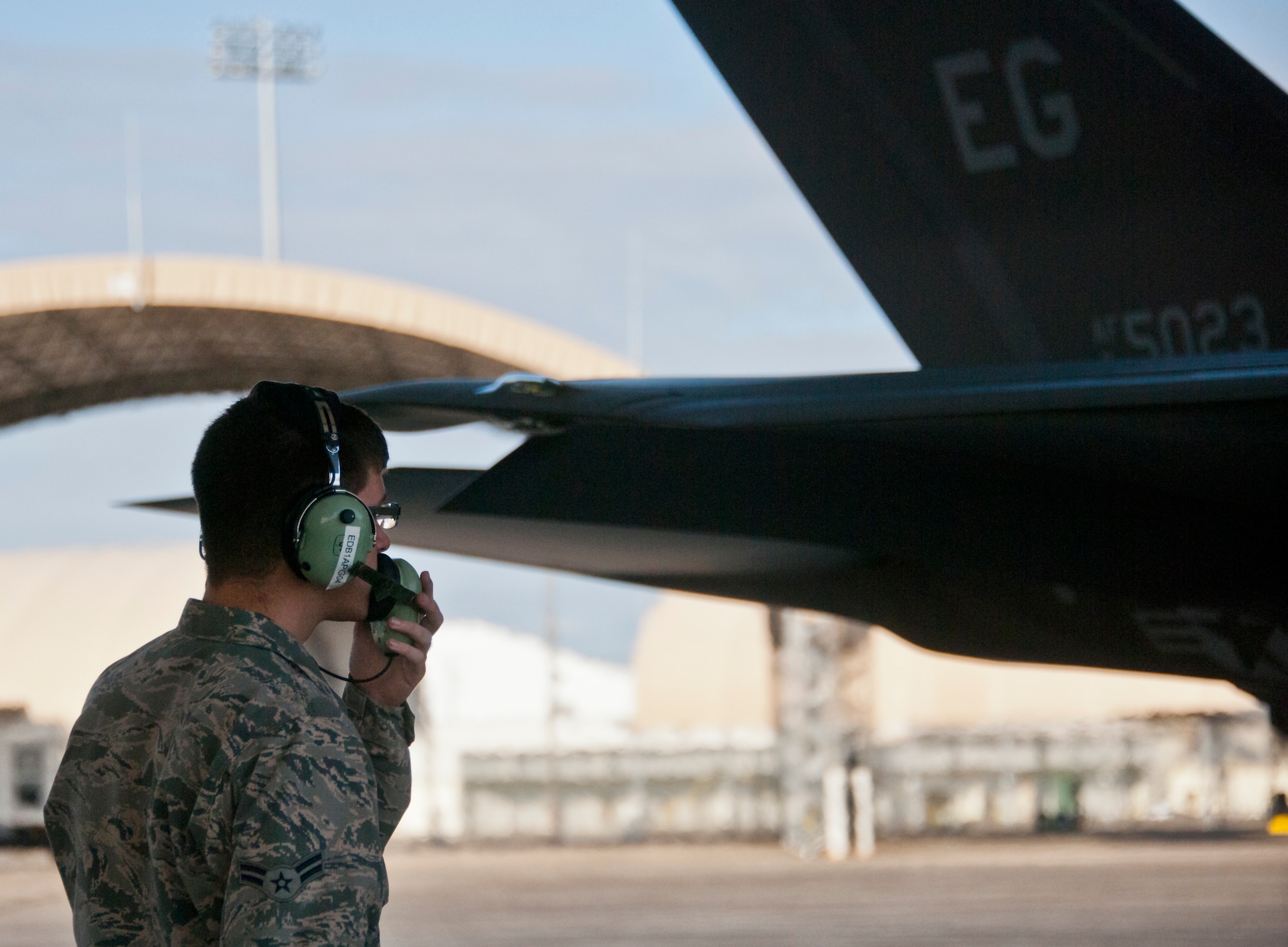 Airman 1st Class John Patterson, 33rd Aircraft Maintenance Squadron, monitors F-35A Lightning II preflight checks at Eglin Air Force Base, Fla. The 33rd Maintenance Group is responsible for the maintenance of the Air Force’s joint strike fighter fleet on base. (U.S. Air Force photo/Samuel King Jr.)